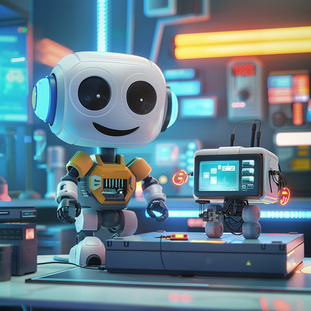 Robot in the laboratory. 3d rendering. Computer digital drawing.の素材