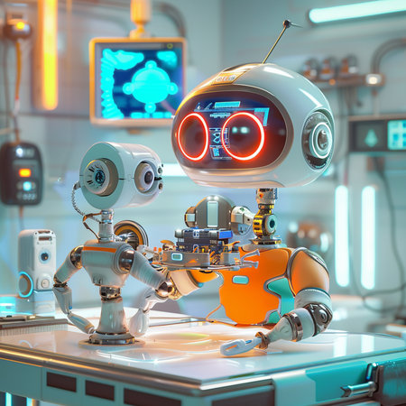 3d rendering robot in the laboratory with test tubes 3d illustrationの素材