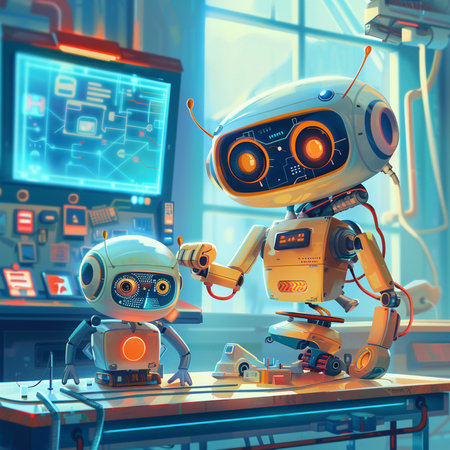 3d rendering of two robots in a blue room at the factoryの素材