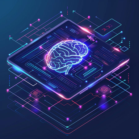 Artificial intelligence (AI), machine learning, neural networks, neural networks, artificial intelligence, machine learning, neural networks. Vector isometric illustration.の素材