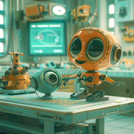 Vintage robot in the laboratory. 3d illustration. Retro styles.の素材