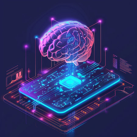 Artificial intelligence concept. 3d vector isometric illustration of a human brain on a computer chip.の素材