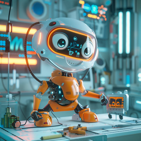 Robot in the laboratory. 3D rendering. Toned image.の素材