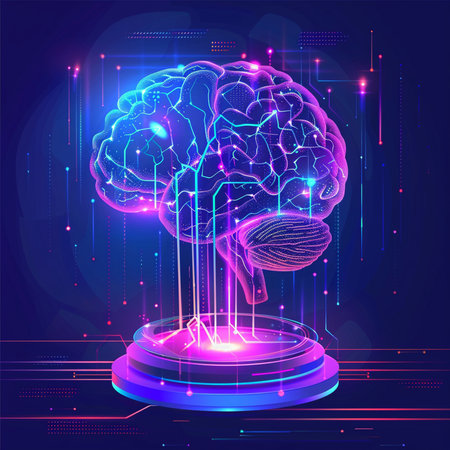 Human brain. Artificial intelligence. 3D vector illustration in neon style.の素材