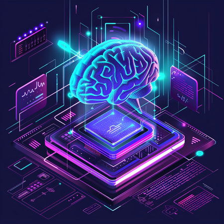 Artificial intelligence concept. 3d vector isometric illustration of a human brain on a blue background.の素材
