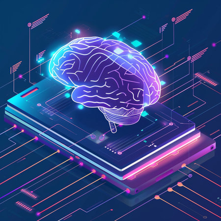 Artificial intelligence concept with human brain on a blue background. Vector illustration.の素材