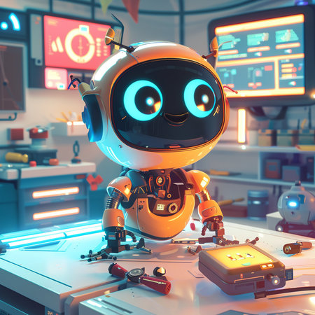 3D rendering of a robot in a science fiction laboratory with various equipmentの素材