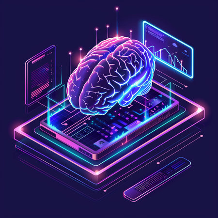 Isometric artificial intelligence concept with human brain and laptop on blue backgroundの素材