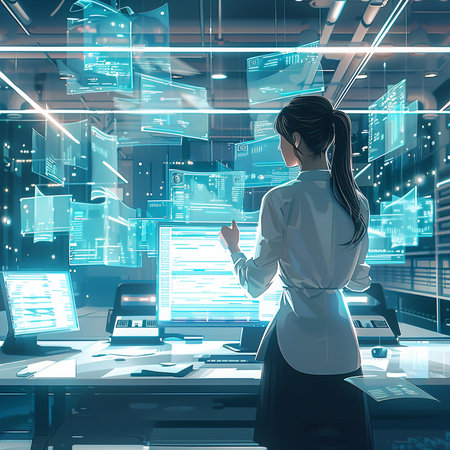 Rear view of young businesswoman standing in modern office interior with glowing tech interface. Toned image double exposureの素材