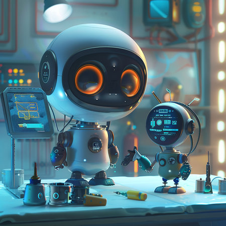 3d rendering of a robot working in a science fiction laboratory.の素材