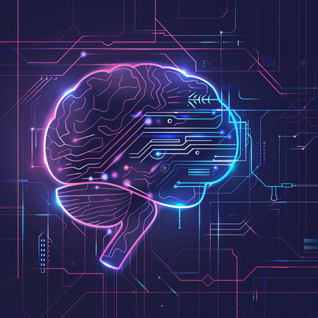 Neon human brain on circuit board background. Artificial intelligence concept. Vector illustrationの素材