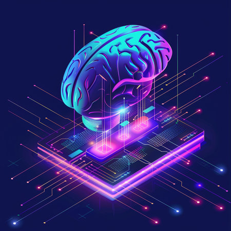 Artificial intelligence concept. 3d isometric human brain on blue background. Vector illustrationの素材