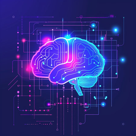 Neon human brain on blue background. Artificial intelligence concept. Vector illustrationの素材