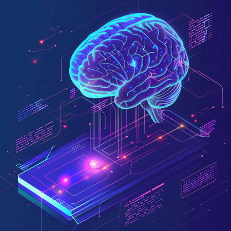 Artificial intelligence concept. 3d vector isometric illustration of human brain on a blue background.の素材