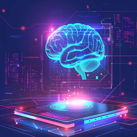 Artificial intelligence concept. Futuristic interface with human brain. Vector illustrationの素材