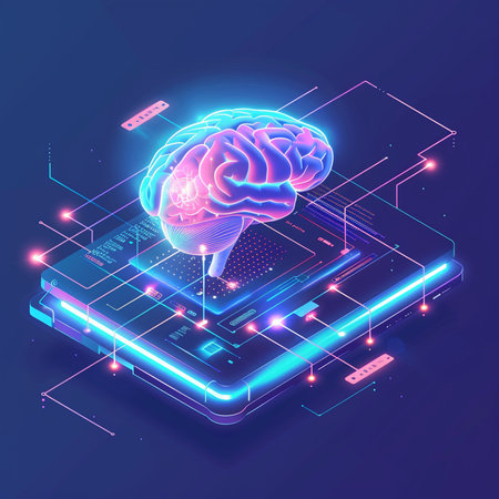 Artificial intelligence concept. 3d vector isometric illustration of a human brain on a blue background.の素材