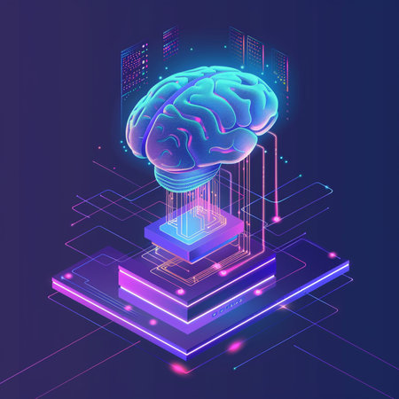Artificial intelligence concept. 3d isometric vector illustration of human brain on server.の素材