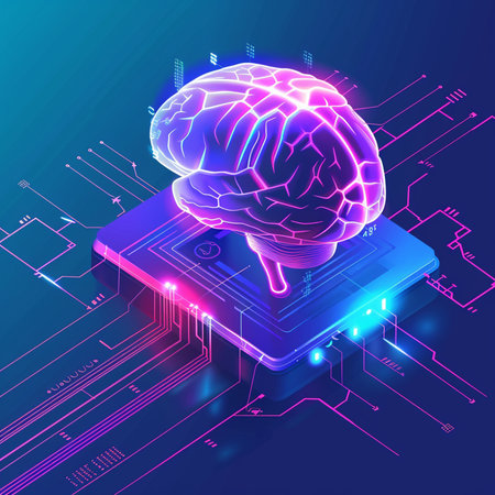 Neon brain on the motherboard. Artificial intelligence concept. Vector illustration.の素材