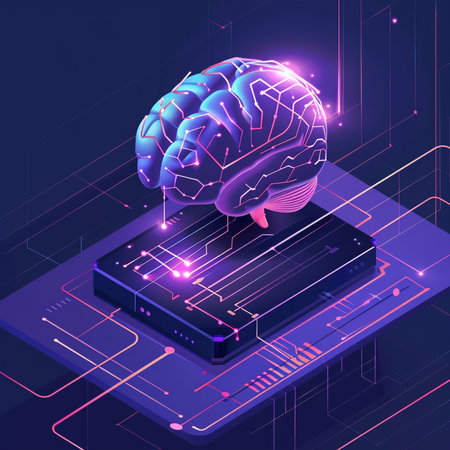 Artificial intelligence concept. 3d vector isometric illustration of a human brain and a smartphone.の素材