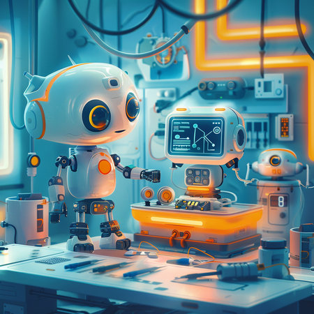 3d rendering robot in a scientific laboratory on a blue background.の素材