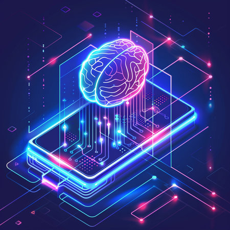 Artificial intelligence concept. 3d isometric vector illustration of brain and smartphone.の素材