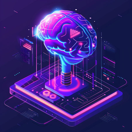 Artificial intelligence concept in isometric 3d style. Smartphone with glowing brain on dark background. Vector illustration.の素材