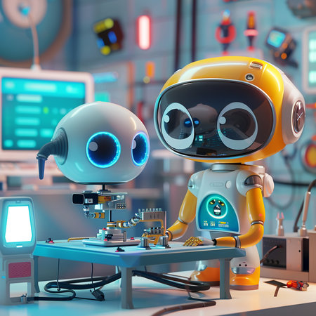 3d render of a robot in a laboratory working with a microscopeの素材