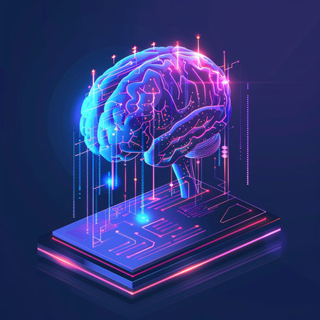 Artificial intelligence concept. 3d isometric vector illustration of human brain with circuit board on dark backgroundの素材