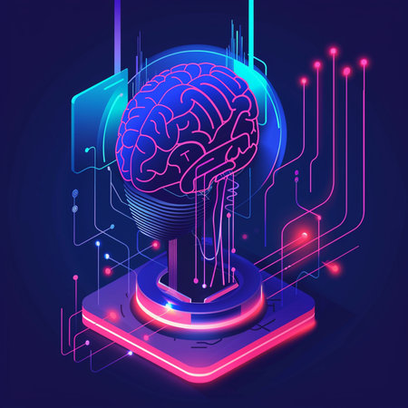 Artificial intelligence concept with human brain on blue background. Isometric vector illustration.の素材