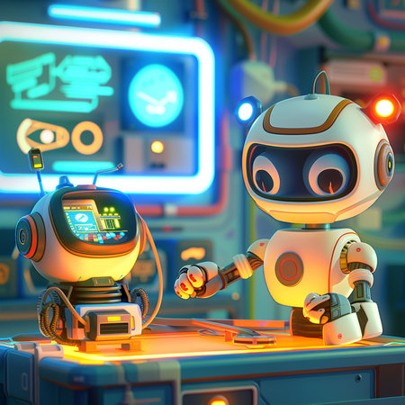 Robot playing a game on a console. 3D rendering.の素材