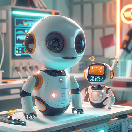 3D rendering of a robot in a science fiction space station.の素材