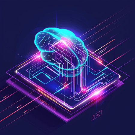Artificial intelligence concept. 3d vector isometric illustration. Brain and electronic circuit on a blue background.の素材