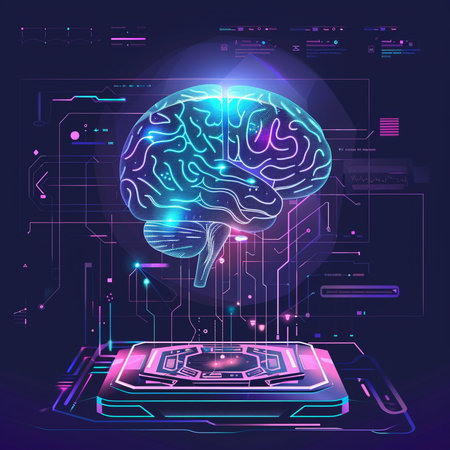 Artificial intelligence concept. Futuristic interface with human brain. Vector illustrationの素材