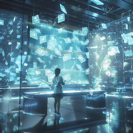 Businesswoman standing in modern office interior with double exposure of digital screens. Toned imageの素材