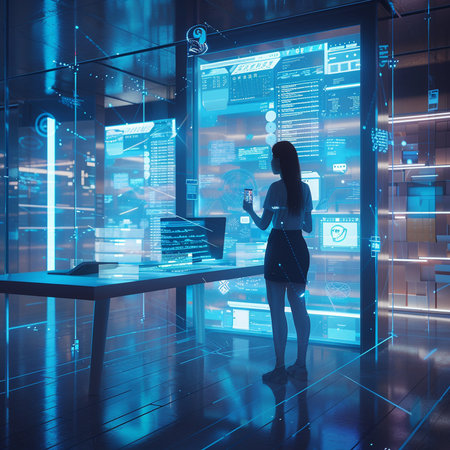 Silhouette of a young businesswoman with a mobile phone in her hands standing in a modern office with a blue glass wall.の素材