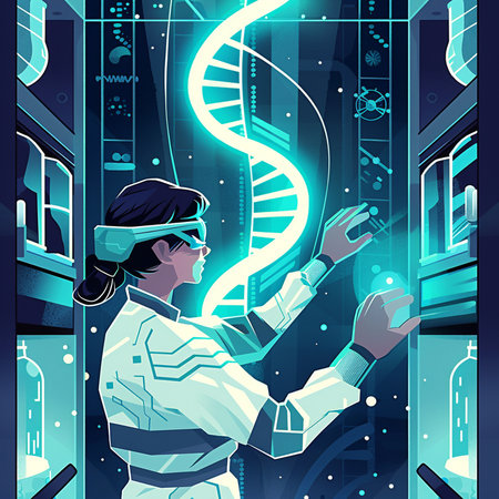 Scientist in virtual reality headset working on dna helix, vector illustrationの素材