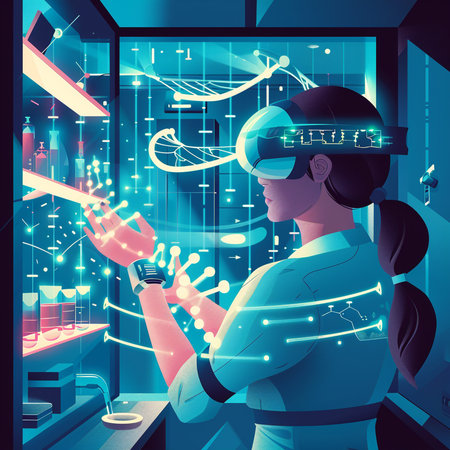 Vector illustration of woman in virtual reality glasses. Future technology concept.の素材