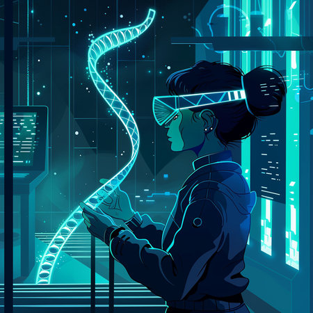 Vector illustration of futuristic man in virtual reality headset. Future technology concept.の素材