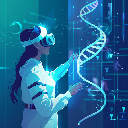 Vector illustration of woman doctor in virtual reality headset touching DNA molecule on blue backgroundの素材