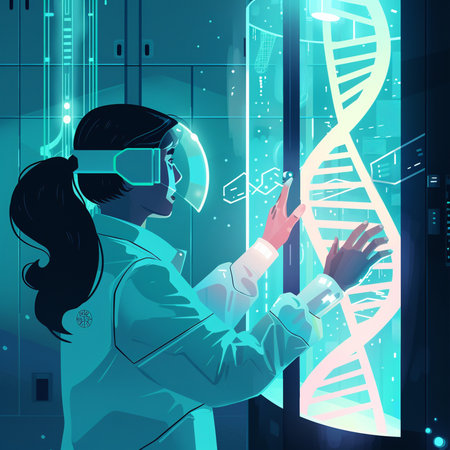 Vector illustration of scientist in virtual reality headset working with dna helixの素材