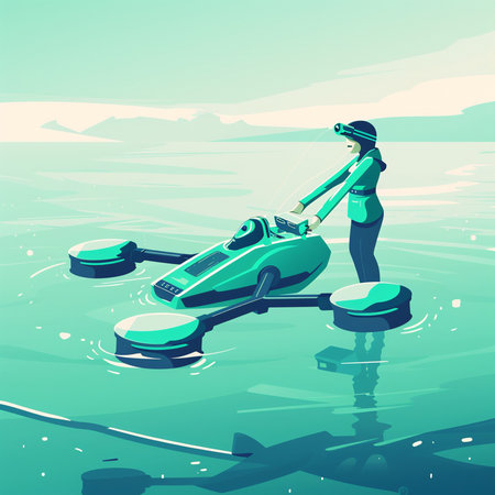 Cartoon style illustration of a man driving a hoverboard on the waterの素材