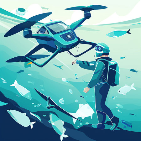 Drone flying in the sea. Vector illustration of a man flying with a drone.の素材