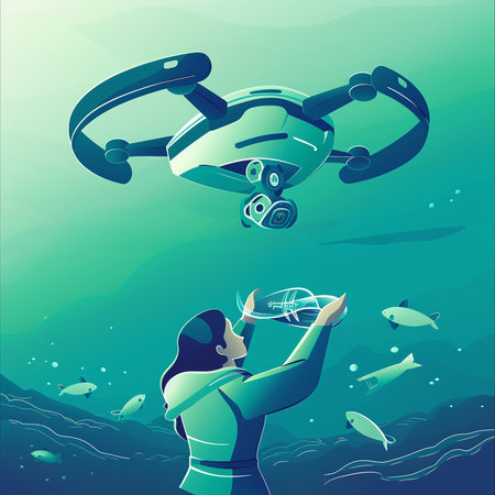 Drone flying in the sea. Vector illustration in cartoon style.の素材