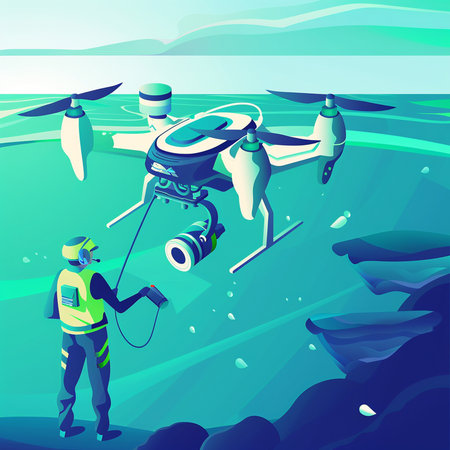 Drone flying over the sea. Vector illustration in cartoon style.の素材