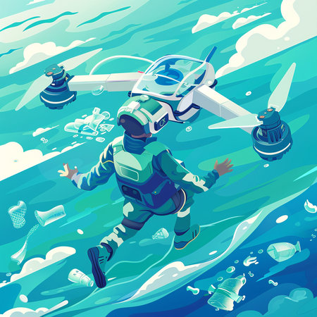 Vector illustration of a man in space suit flying in the sea.の素材