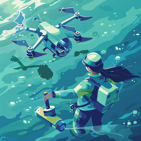 Vector illustration of a girl pilot with a drone in the sea.の素材