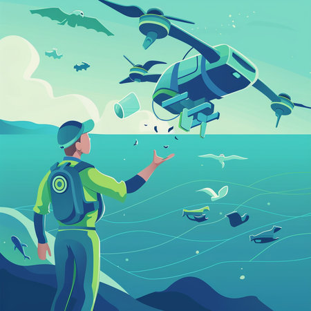 Surfing the sea with a helicopter. Vector illustration in cartoon styleの素材