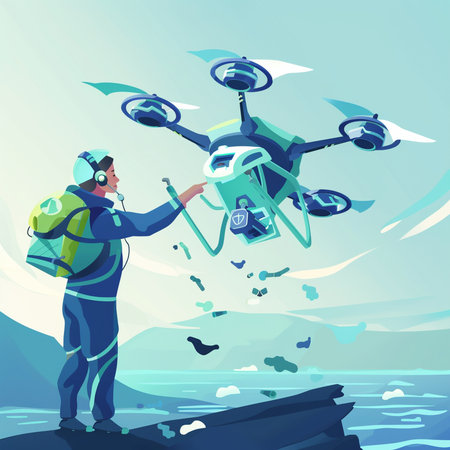 Quadcopter flying above the sea. Vector illustration of a man flying a drone.の素材