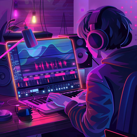 DJ in headphones and headphones playing music on computer. Vector illustration.の素材