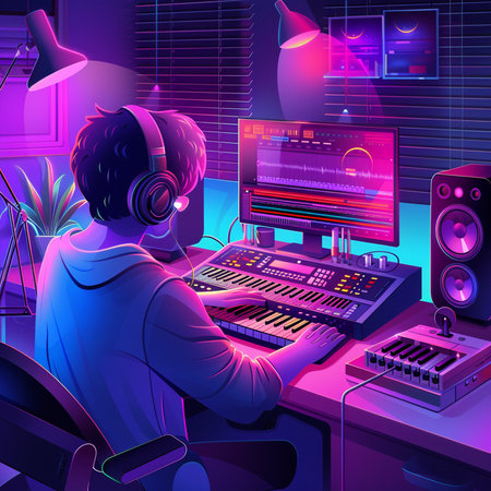 DJ in headphones playing music at home. Vector illustration in neon styleの素材